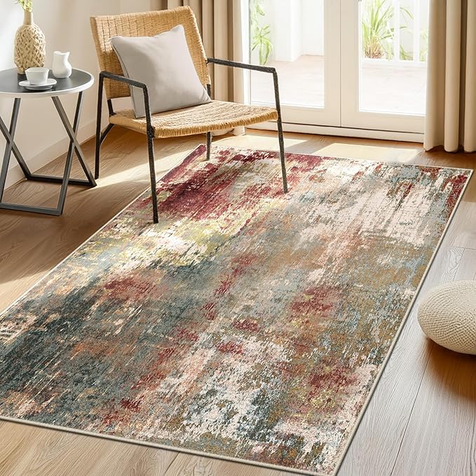 RELEANY Washable Area Rugs 3'x5' Non-Slip Modern Abstract Soft for Living Room Entryway Bedroom Kitchen, Print Pattern, Brown Rust Red Green Blue Multi