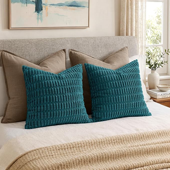 MIULEE Pack of 2 Corduroy Decorative Throw Pillow Covers 18x18 Inch Soft Boho Striped Pillow Covers Modern Farmhouse Home Decor for Summer Coastal Sofa Living Room Couch Bed Teal