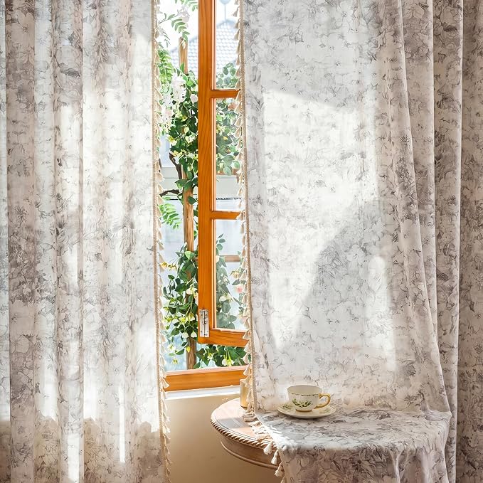 OYX Boho Floral Curtains 63 Inch, Linen Farmhouse Flower Drapes with Lace & Tassels, Light Filtering Semi Sheer Curtains for Living Room Bedroom, 2 Panels