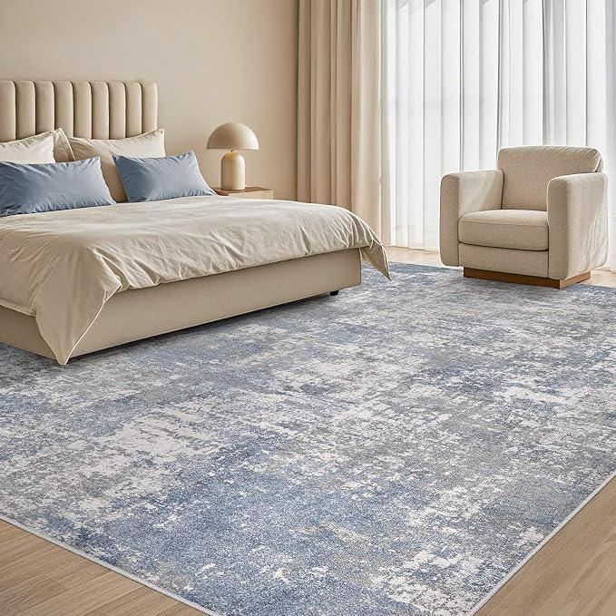 Tortania Washable 10x12 Area Rug for Living Room: Modern Abstract Neutral Large Soft Thin Rugs - Non Slip Indoor Carpet for Bedroom Dining Room Office Nursery Home Floor Decoration - Blue Grey