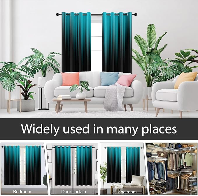 AAtter Teal Black Window Curtains, Room Darkening, Grommet 42" W x 63" L | Turquoise Modern Ombre Drapes, Abstract Striped High Precision Fabric, Aqua Anime Design, 2 Panels Bedroom Decor for Men