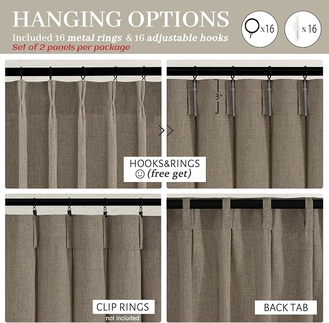 Dark Tan Soft Semi Sheer 102 Inch Long Curtains 2 Panels Set for Kids Room Nursery, Pinch Pleated Natural Linen Light Filtering Thick Window Drapes with Hooks Rings for Office 40"W x 102"L Viral Burg