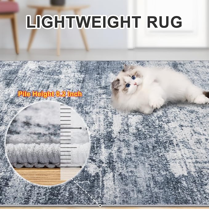 Area Rugs Living Room Rug - 4x6 Washable Modern Abstract Soft Neutral Non-Slip Carpet Large Indoor Floor Thin Carpets for Bedroom Dining Room Farmhouse Nursery Home Office Grey Blue