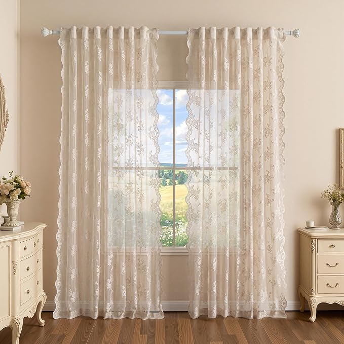 MEETSKY Lace Sheer Curtains 96 Inches Long Set of 2 Vintage Victorian French Elegant Scalloped Boho Style Light Filtering Rod Pocket Drapes for Home Decor, 50"x96", 2 Panels, Oatmeal Beige