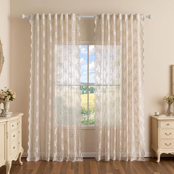 MEETSKY Beige Lace Curtains 84 Inches Long, Lace Sheer Curtains for Bedroom, Floral Patterned Vintage Light Filtering Curtains for Girls Room Princess Room, Lace Drapes 2 Panels, Each Panel 50W x 84L