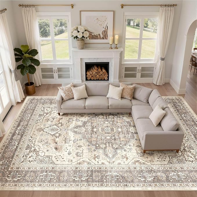 LOONGRUG 12x18 Rug Living Room: Washable Boho Large Neutral Vintage Soft Rugs Stain Resistant Farmhouse Non-Slip Indoor Floor Carpet for Bedroom Nursery Kids Playroom Office Dining Room- Beige Brown