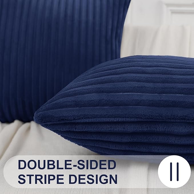 Simmore Decorative Fall Throw Pillow Covers 22x22 Set of 2, Soft Natural Plush Flannel Double-Sided Fluffy Couch Euro Sham Pillow Covers for Sofa Living Room, Navy Blue