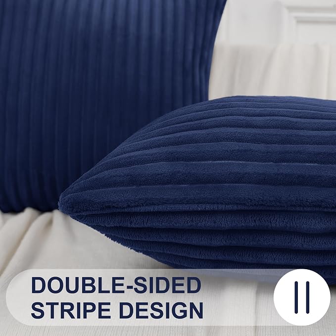 Simmore Decorative Fall Throw Pillow Covers 18x18 Set of 2, Soft Natural Plush Flannel Double-Sided Fluffy Couch Pillow Covers for Sofa Living Room, Navy Blue