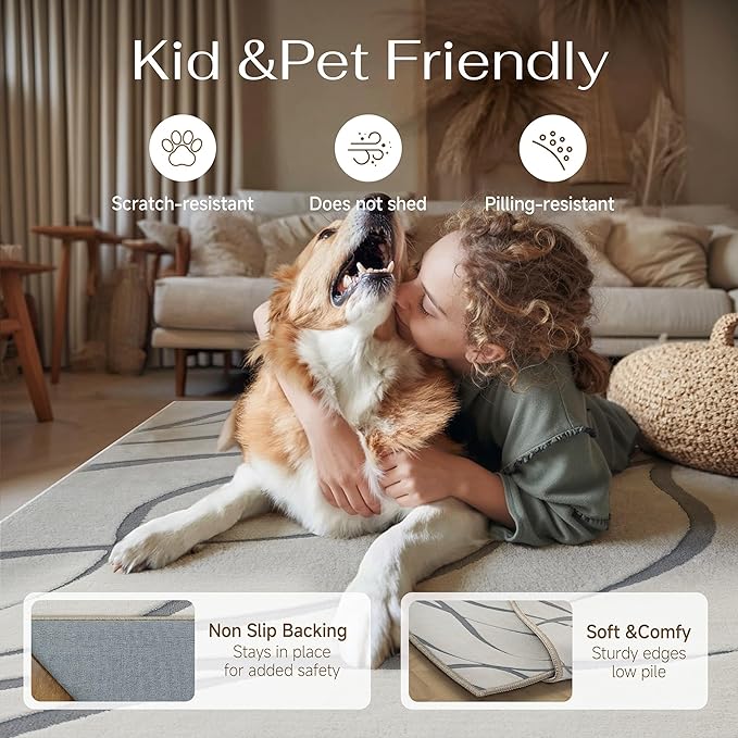 HUGEAR Shag Area Rug 8x10 Grey & Ivory Washable Living Room Bedroom Rug Non Slip Non-Shedding Soft Plush Medium Pile Large Throw Carpet for Home Office Aesthetic Modern Decor