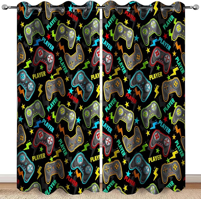 Gamer Gaming Blackout Curtains Kids Boys Girls Teens Colorful Video Game Controller Decor for Teenage Men Dad Son Child Game Handle Bedroom Room Darkening Grommet Window Drapes 2 Panels, 52"x84"
