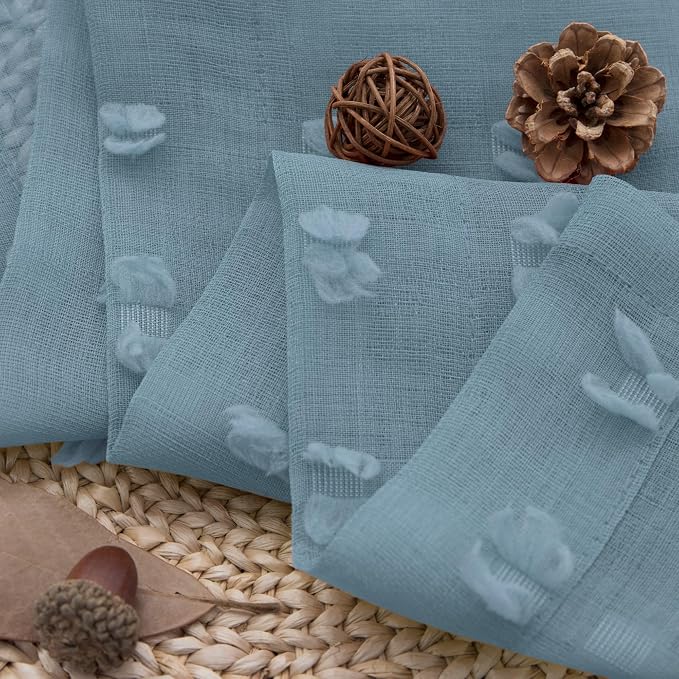 DANCURTON Stone Blue Sheer Curtains 63 Inch Length for Boys Bedroom Nursery Boho Farmhouse Light Blue Pom Pom Semi Sheer Kitchen Curtain Summer Beach Themed Ocean Coastal Decor 52x63 Back Tab 2 Panels