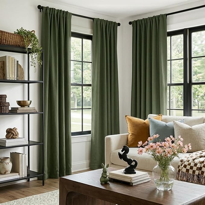INOVADAY 100% Blackout Curtains for Bedroom, Black Out Curtains 80 Inch Long, Clip Rings Linen Blackout Drapes, Thermal Insulated Room Darkening for Living Room, 2 Panels - Olive Green,W50xL80