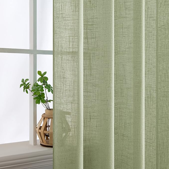 MIULEE Sage Green Linen Curtains 63 Inch Length 2 Panels for Bedroom Living Room, Soft Thick Linen Textured Window Drapes Semi Sheer Light Filtering Back Tab Rod Pocket Burlap Look Decor