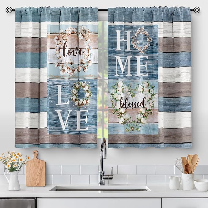 Aimego Teal Flowers Kitchen Curtains - Rustic Wood Cafe Farmhouse Small Short Window Curtains for Bathroom Living RV Room Rod Pocket Window Drapes 45 Inch Length 2 Panels Set 28"x45"
