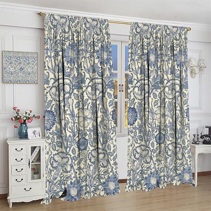 William Morris Plant Curtains, Rustic Farmhouse Retro Floral Flowers Print Blackout Window Treatments Drapes, for Living Room Bedroom Kitchen 31.5(W)*72(L) 2 Panels
