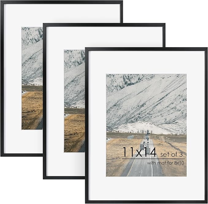FLYJOE 11x14 Picture Frame -11x14 Metal Picture Frame With Mat For 8x10 | 14x11 Frame Aluminum | Plexiglass And Hanging Hardware Included | 11 by 14 Poster Frame, Set of 3, Black