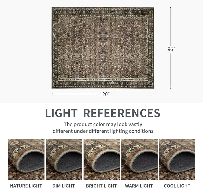 8x10 Vintage Washable Area Rug for Living Room,Non Slip Boho Carpet Non-Shedding Large Area Rug Soft Indoor Stain Resistant Rug Floral Print Mat for Bedroom Dining Room Brown Floral