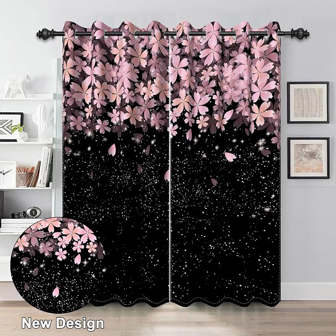 Renaiss Pink Cherry Patels Blackout Curtains, Japanese Cherry Flowers Thermal Insulated Bedroom Window Curtains, Black Floral Bossom Window Curtains for Kitchen, 45" L x 29" W 2 Panel Set