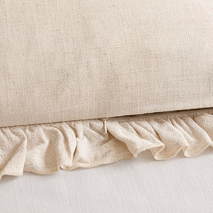 Foindtower Set of 2 Decorative Soild Fringe Ruffle Throw Pillow Covers Soft Boho Farmhouse Cushion Cover Cozy Accent Retro Pillowcase for Couch Sofa Bed Living Room Home Decor,18×18 Inch,Natural Beige