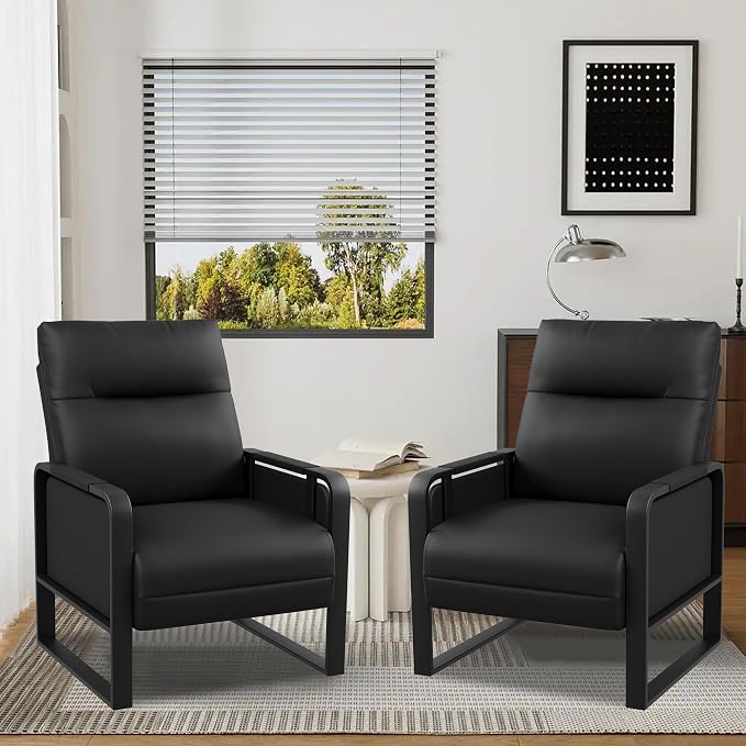 Black PU Leather Accent Chairs Set of 2 with Foldable Side Table | Modern Upholstered Armchair Leisure Side Chairs for Living Room Bedroom Comfy Reading Chair Office Club Chair with Metal Legs