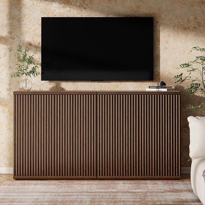 Fluted Buffet Cabinet Sideboard with Storage, Wooden Credenza with 2 Doors & Adjustable Shelf, Modern Fluted Accent Cabinet Coffee Bar for Living Room, Kitchen, Dining Room, Entryway, 15″ Deep, Brown
