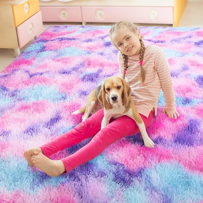 AROGAN 8x10 Feet Soft Rainbow Area Rugs for Kids Girls Room, Fluffy Cute Colorful Princess Carpet for Kids Teens Nursery Toddler,Bedroom, Hot Pink