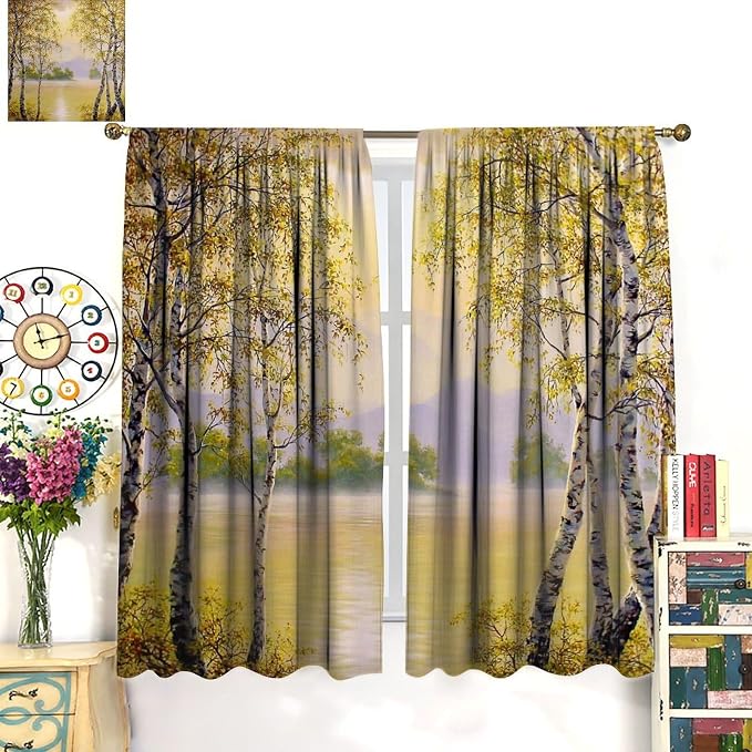 Forest Curtains, Yellow Countryside Nature Foggy Autumn River Birch Forest Falling Leaves Blackout Window Treatments, Thermally Insulated Drapes for Boys Girls Living Room Bedroom 55x63in