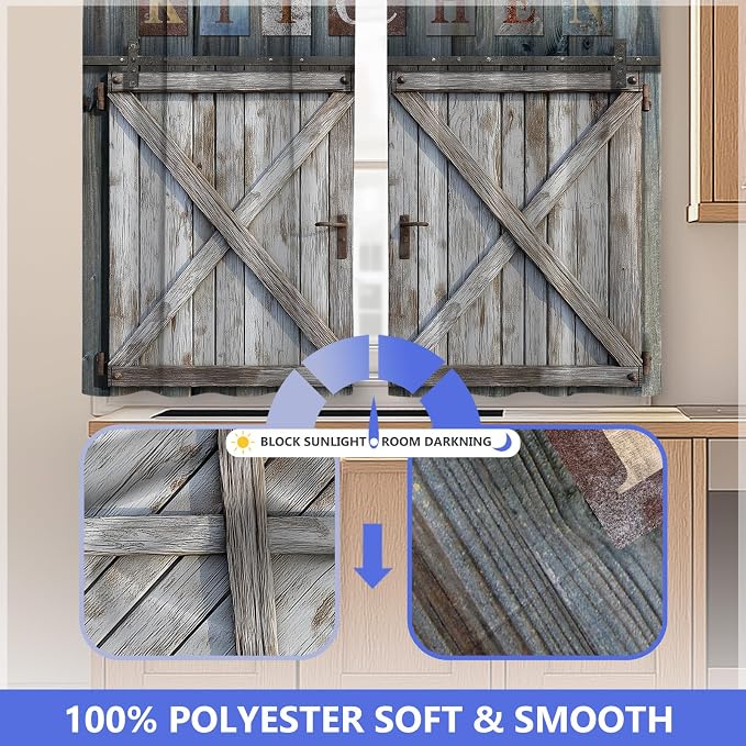 Aimego Wood Farmhouse Kitchen Curtains - Country Vintage Wooden Barn Door Small Short Tier Window Curtains for Living Dining Room Decor Rod Pocket Window Drapes 36 Inch Length Set 28"x36"