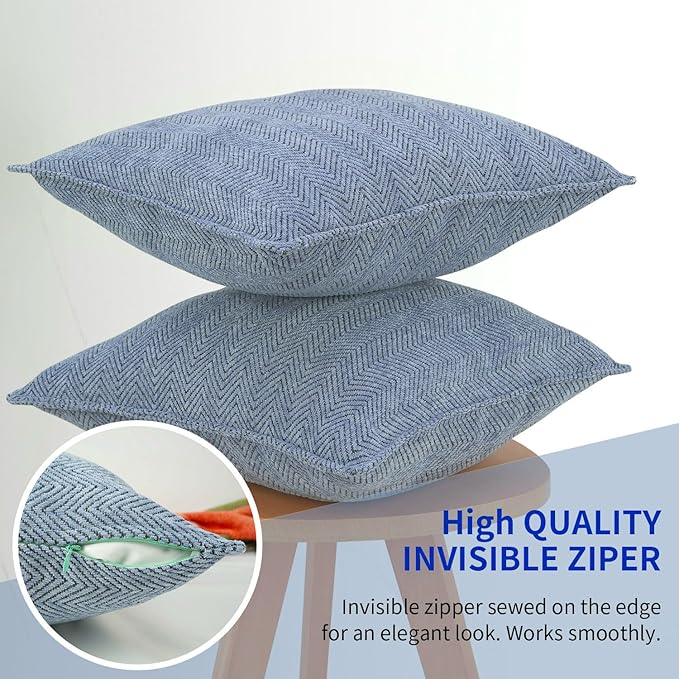 Pillow Covers 20x20 Set of 2 Dusty Blue Modern Mid Century ZigZag Textured Pillowcase Chevron Weave Pattern Velvet Soft Chenille Luxirious Herringbone Cushion Cover For Living Room Couch Sofa Bed
