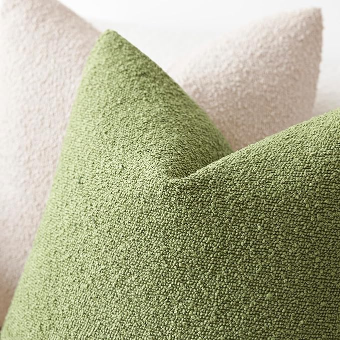 Foindtower Set of 2, Decorative Textured Boucle Throw Pillow Covers Accent Solid Pillow Cases Neutral Cozy Couch Cushion Case for Chair Sofa Bedroom Living Room Home Decor 26x26 Inch Leaf Green