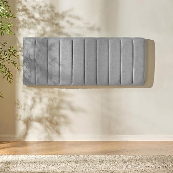 Hearth & Harbor Upholstered King Headboard - Easy Assemble Channel Stitched Headboard King Size Bed - Wall Mounted Headboards with 3D Soundproof Wall Panels Peel & Stick Floating Headboards, Silver