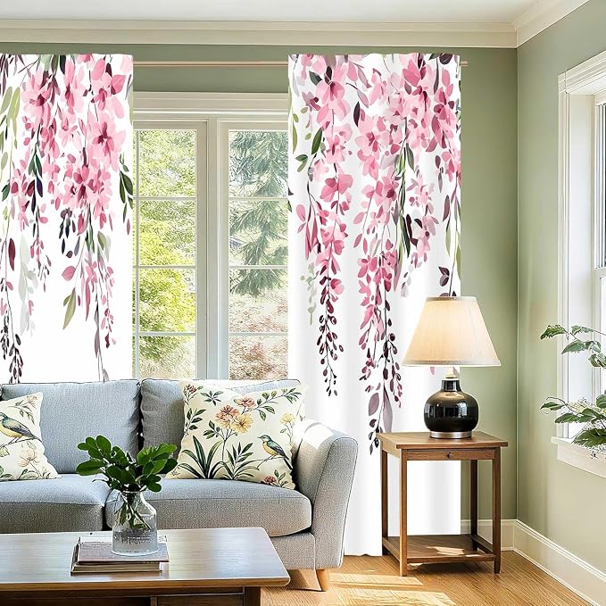 Pink Watercolor Floral Curtains, Botanical Leaves Vine Flowers Curtain, Rustic Farmhouse Flower Leaf Blackout Window Treatment Drapes for Bedroom Living Room 52x72 inch, 2 Panels