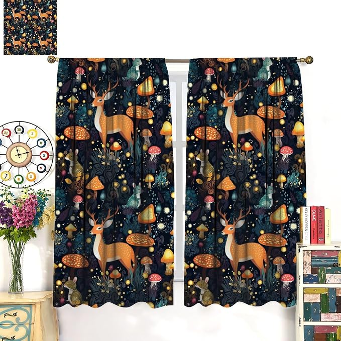 Fantasy Plant Curtains,Cute Woodland Deer Forest Animal Floral Mushroom Print Window Treatments for Bedroom Living Room Study Window Drapes 2 Panels Set,Total Size 63 x 72 Inch