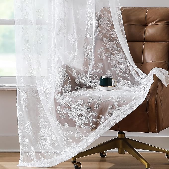 Treatmentex White Lace Curtains for Bedroom 95 inch Length 3D Leaf and Floral Embroidered Sheer Window Drapes for Living Room Guest Room, Rod Pocket Modern Country Rustic Lace Curtains 52" w 2pcs