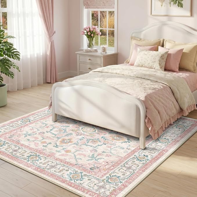 CAPALOCA Machine Washable Rugs Nursery Rug Sq5ft Cute Girl Non Slip Low Pile Water Repellent Soft Print Pattern for Bedroom Indoor Decor Kids Playroom Pink Teal