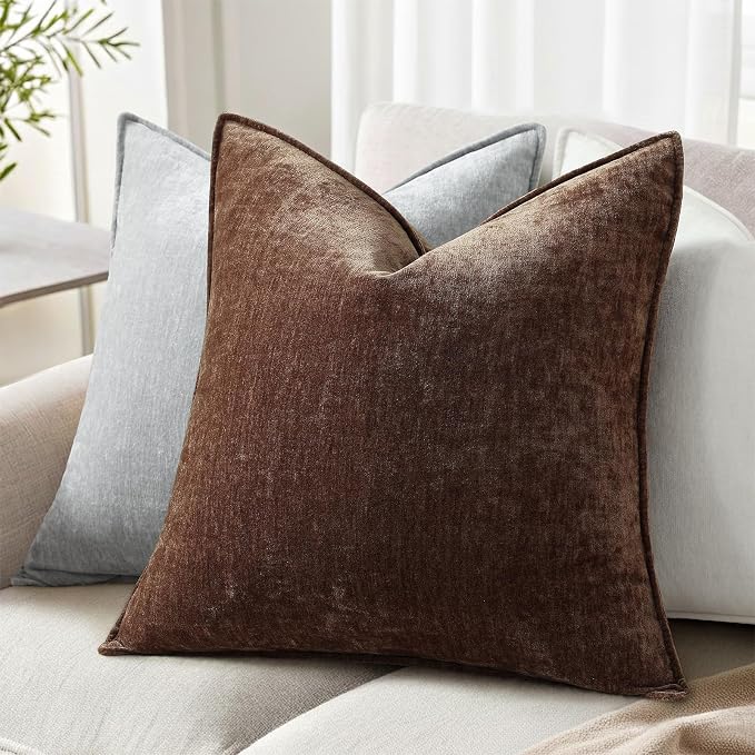 decorUhome Fall Couch Euro Sham Throw Pillow Covers 26x26 Set of 2, Decorative Soft Velvet Modern Cozy Chenille Pillow Cases with Elegant Design for Sofa Bed Living Room Home Decor, Dark Brown