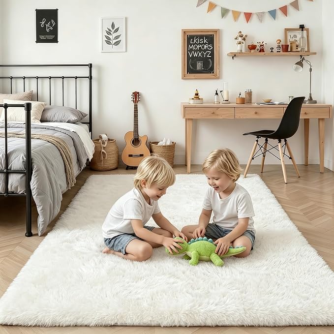 6x9 Area Rugs for Living Room Bedroom: Ultra Soft Fluffy Shag Rug Upgrade Non-Slip Non-Shedding Large Fuzzy Plush Carpet Indoor Floor Carpets for Kids Room Playroom Nursery Dorms Home Decor Ivory