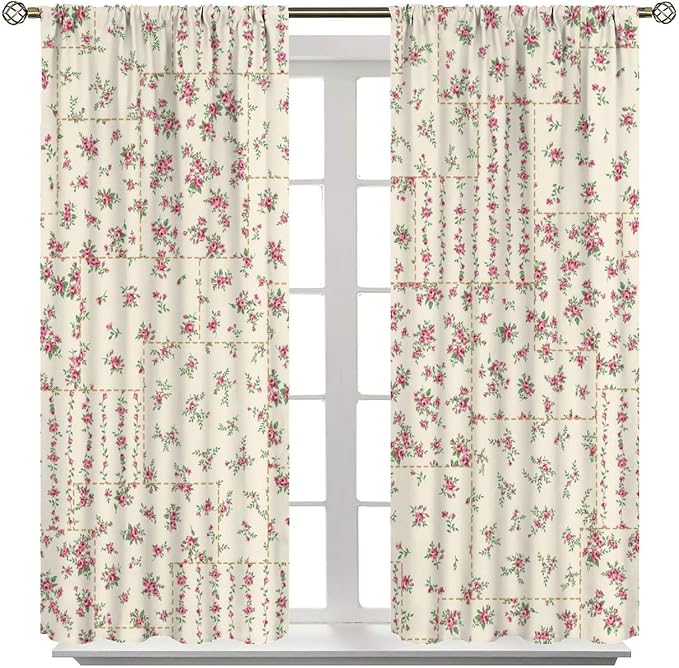 Boho Patchwork Floral Blackout Curtains Yellow Red Farmhouse Patchwork Quilted Country Check Print Window Drapes for Bedroom Living Room Kitchen Cafe （W21xL45 Inch） x2 Panels