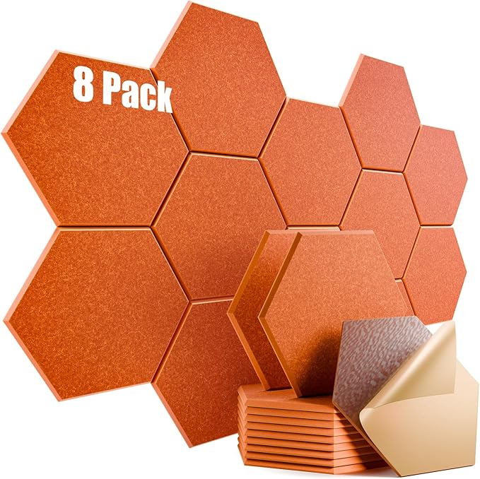 8 Pack Self-Adhesive Acoustic Panels 12" X 10" X 0.4" - Sound Proof Foam Panels for Wall with High Density, Hexagon Design, Flame Resistant, Absorb Noise and Eliminate Echoes(Tangerine)