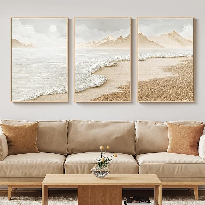 Framed Boho Abstract Beach Wall Art for Living Room, Large Neutral Coastal Canvas Prints Artwork for Walls, Set of 3 Piece Modern Minimalist Ocean Picture Print for Hallway Office Wall Decor, 24x36 In