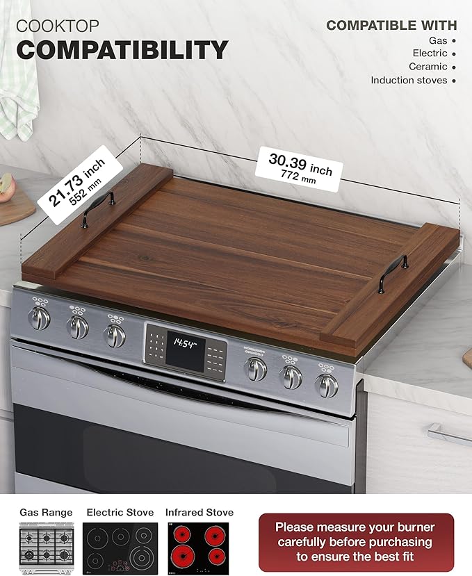 BLUEWEST Noodle Board Stove Cover, Acacia Wood Stove Top Covers Board for Gas Burners and Electric Stove, Extra Thick Wooden RV Stovetop Cover/Sink Cover - Tray for Kitchen Counter Space