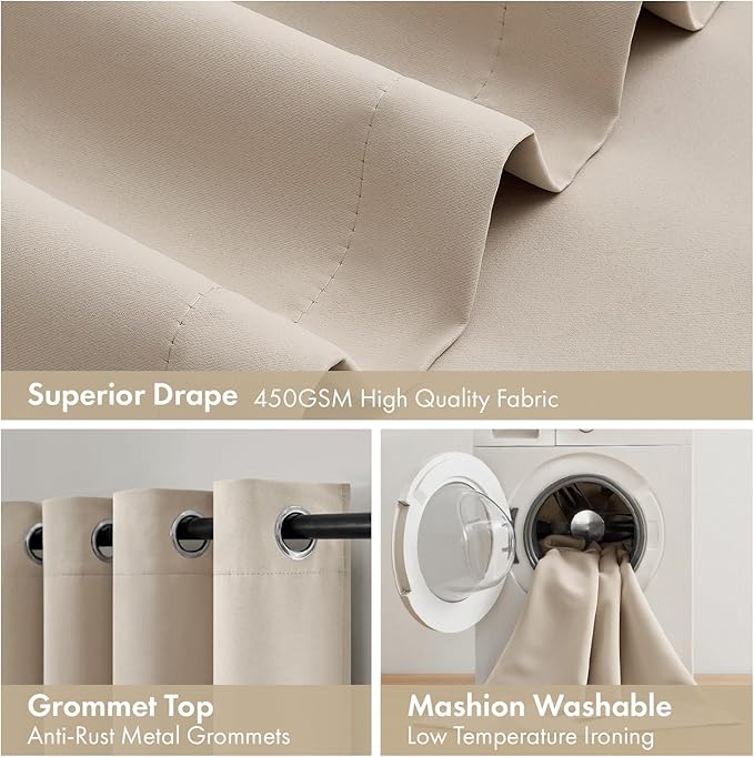 MIULEE Taupe 100% Blackout Curtains for Bedroom 84 Inch Long, 2 Thick Layers Thermal Insulated Black Out Window Curtains with Black Liner, Noise Reducing Grommet Living Room Drapes 2 Panels Set