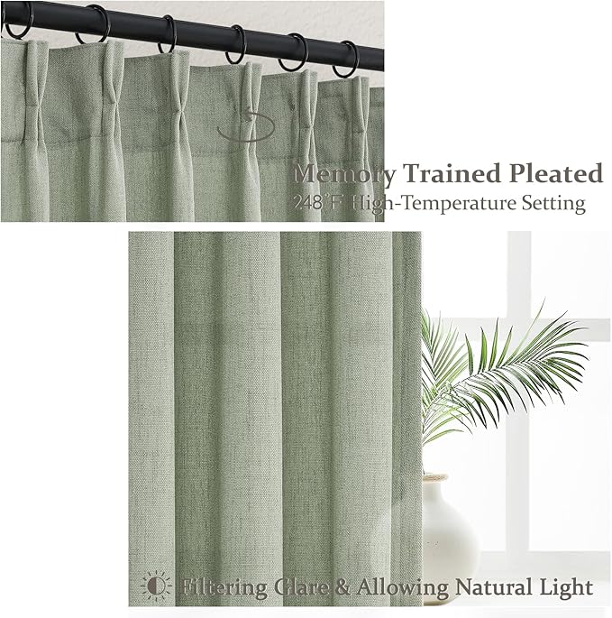 PleatedDrapes Sage Green Farmhouse Curtains for Living Room 96 Inches Long 2 Panels Set, Pinch Pleat Linen Sheer Curtain Light Filtering Privacy for 96 Inch Length Large Window Drape(Hooks & Back Tab)