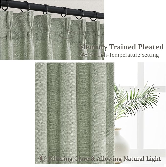Sage Green Pinch Pleated Sheer Curtains 84 Inches Long for Living Room 2 Panels Set, Rustic Country Thick Linen Blend Light Filtering Window Drapes 40"W x 84"L with Back Tab Bedroom Viral Curtain 7 FT