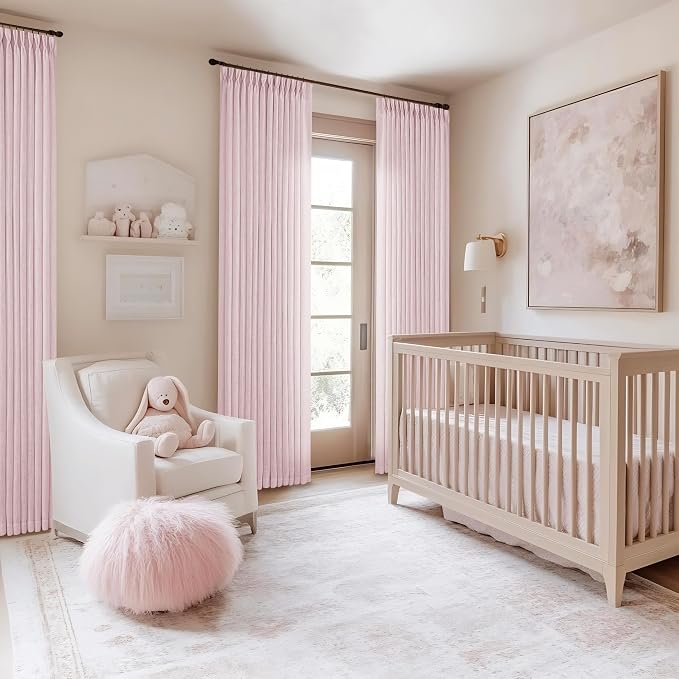 TWODRAPES Pinch Pleat Light Pink Semi Sheer Curtains 108 Inches Long for Girls Bedroom Living Room Light Filtering Pleated Linen 108 Inch Curtains Drape Window 2 Panels Set Pink Blush Babys Nursery