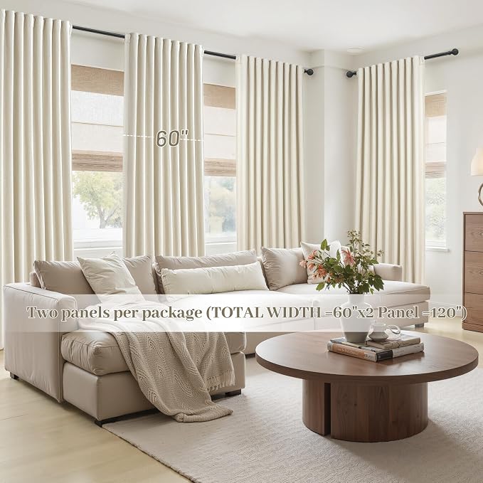 Cute Blackout Curtains 60 Inches Extra Wide Linen 102 Inch Length for Living Room/Sliding Glass Door,Pleated Heavy Duty Thermal Drapes for Winter Thick Large Window(60"Wx102"L 2 Panels Warm Cream)