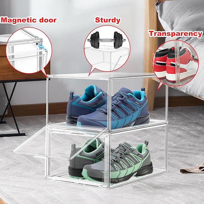 12 Pack Clear Acrylic Shoe Boxes Organizer, Extra-Thick Reinforced Stackable Shoe Storage with Magnetic Door, Dust-Proof Display Cases for Closet & Entryway, Fits up to Men’s 12, Crystal Clear