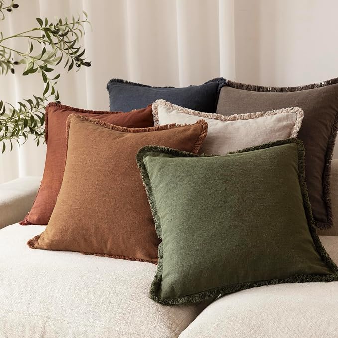 Foindtower Set of 2 Decorative Linen Fringe Throw Pillow Covers Cozy Boho Farmhouse Cushion Cover with Tassels Soft Accent Pillowcase for Couch Sofa Bed Living Room Home Decor,16×16 Inch,Orange Brown