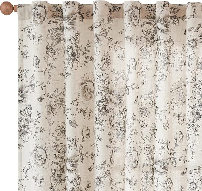 jinchan Linen Blend Curtain Floral Curtains for Living Room 63 Inch Length Black Printed Curtain Rod Pocket Back Tab Farmhouse Peony Flower Patterned Drapes Bedroom Window Curtains Set 2 Panels