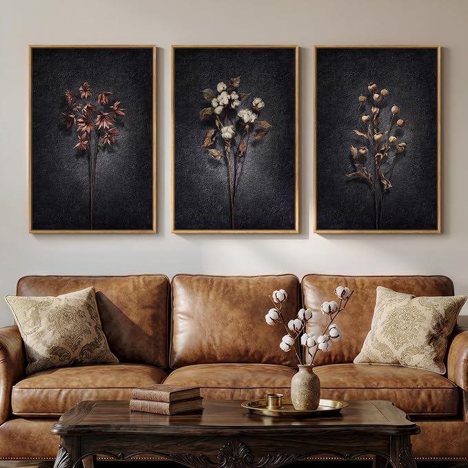 3 Piece Framed Moody Floral Wall Art for Dining Room, Large Vintage Botanical Canvas Artwork for Walls, Dark Black Retro Flower Picture Prints Paintings for Living Room Kitchen Decor, 24x36 Inch